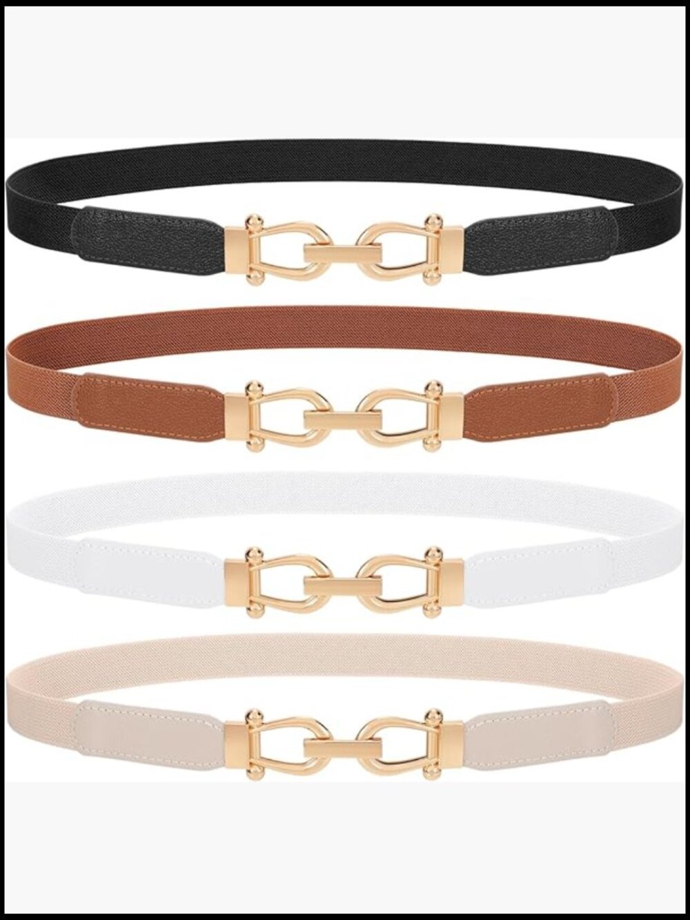 4 Pack Skinny Elastic Belts Gold Buckle PU Leather Thin Stretchy Waist Belts
